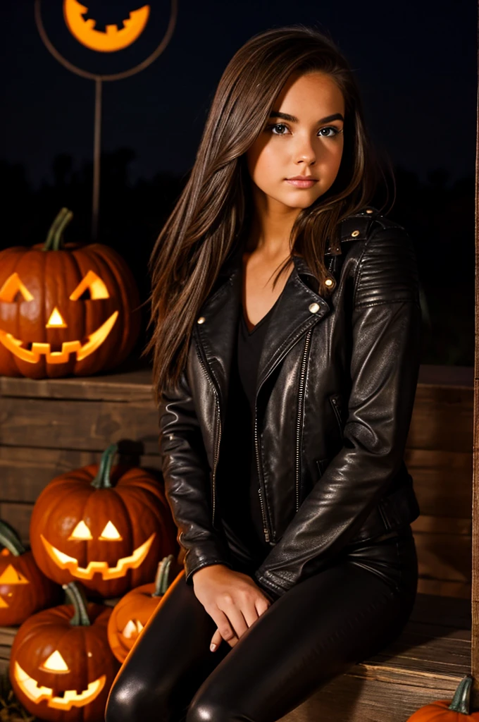 teenager girl, brow shoulder length brown straight hair, black leather jacket, black leather leggings, black heels, halloween night on the hayride