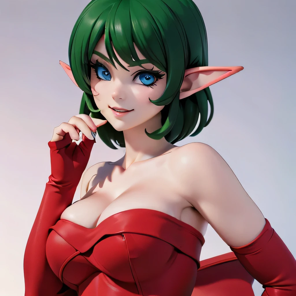  ((masterpiece,best quality,ultra-delicate,Perfect Face,16k,high resolution,very beautiful girl)),medium short green hair,Red strapless bodycon tube dress ,Red long arm sleeves,red high heels,Elf Girl,large Breasts,blue eyes,Beautiful smile,20 years old