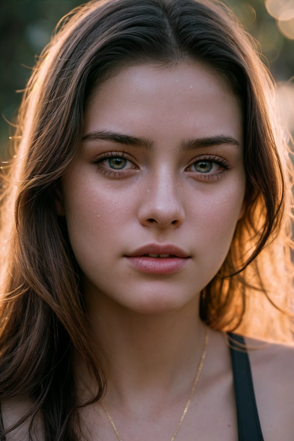 A movie film still of super very close-up portrait of a beautiful 18 year old woman with a mesmerizing and intense gaze, her face illuminated by warm, glowing light. She has glittering gold dust on her face, gold reflection in her eyes, and her lips are a deep, glossy red with shiny sparkles. The background is dark, with sparks and embers floating around her, creating a mystical and fiery atmosphere. Her expression is one of awe and wonder, with eyes reflecting the glowing light. Her hair is slightly messy, adding to the dramatic and ethereal feel of the scene. soaked film, 4k , 8k ,UHD, slightly sweaty skin,cinematic film, Realistic photograph, shallow depth of field, vignette, highly detailed, high budget, bokeh, cinemascope, moody, epic, gorgeous, film grain, grainy, 
