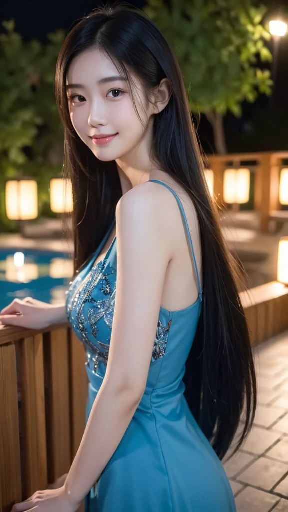 ((Best quality, 8k, Masterpiece:1.3)), 1girl, Japanese, long straight hair, blue dress, (Half Smile:1.2), beautiful face, detailed skin texture, outdoor patio lights