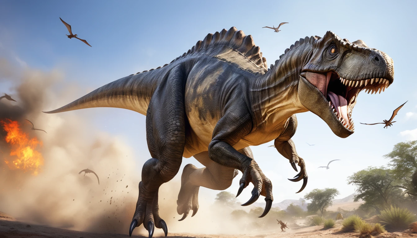 Realistic photos, RAW Photos, dinosaur, attacks viewer, Powerful movements, jump on prey, ((Dynamic jump)), Sharp Claws, dinosaur approaching from above, sudden approach, Bad-tempered, dynamic Shot from grand