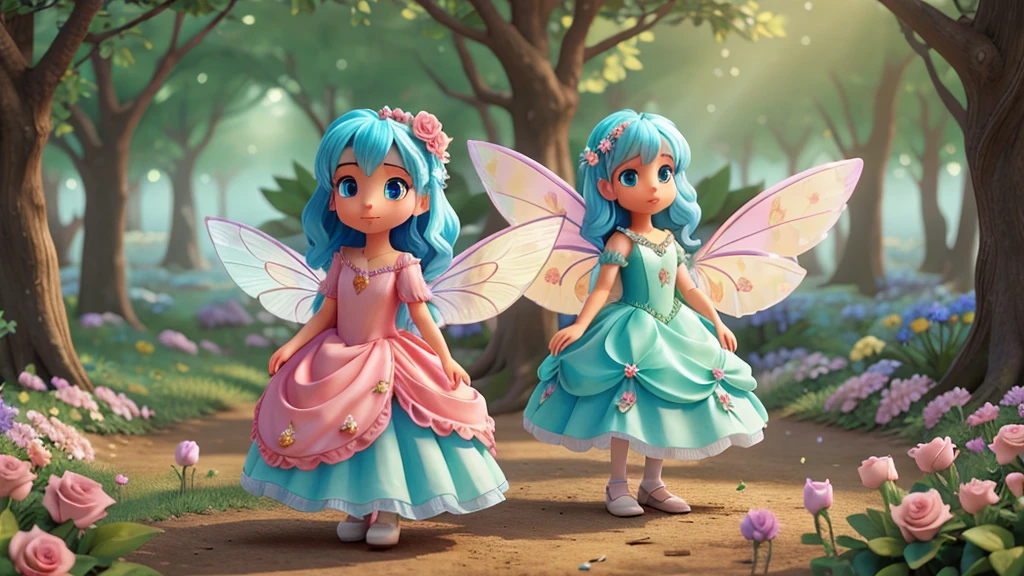 Create a beautiful fairy with shiny wings and a beautiful rose dress in a forest of flowers with several sad rabbits now I make them find the rabbit's family