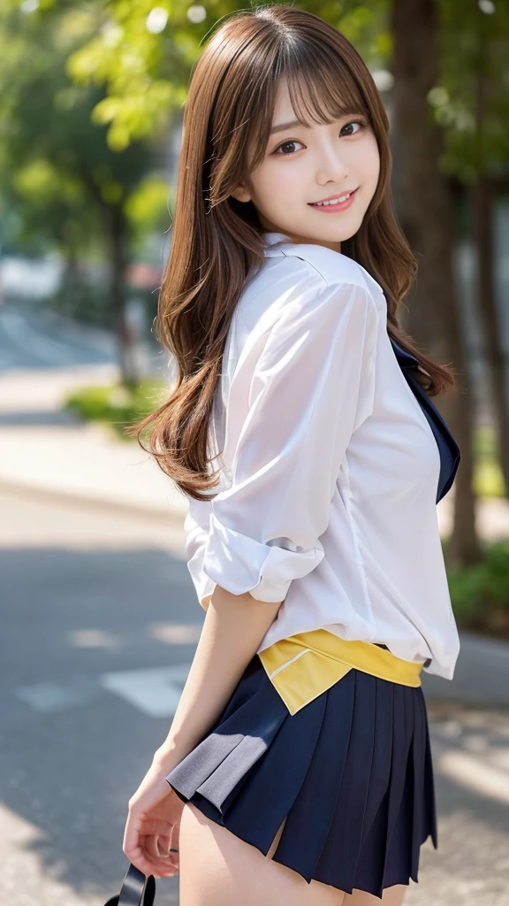 (Detailed skin:1.2),(Shiny skin:1.1),8K,Highest quality, masterpiece, Ultra-high resolution,(Realistic:1.4), RAW Photos,(Soft saturation:1.3),(Fair skin:1.2),Japanese Idols,repair,20 years, Light brown hair, (Shore Surf:1.2)、(Long Hairstyles:1.2), Asymmetrical Hair, Asymmetrical bangs (Pretty face:1.4), (Large Breasts, Tight waist), Beautiful lighting, Small Head, (Student Uniform:1.2,),Highly detailed face, Highly detailed lips, fine grain, double eyelid,(Full Body Shot), Browsing Caution, (Sharp focus: 1.2), (Perfect Anatomy、Beautiful woman with perfect figure: 1.2)、Random sexy poses,Accentuate your leg lines、Smiling