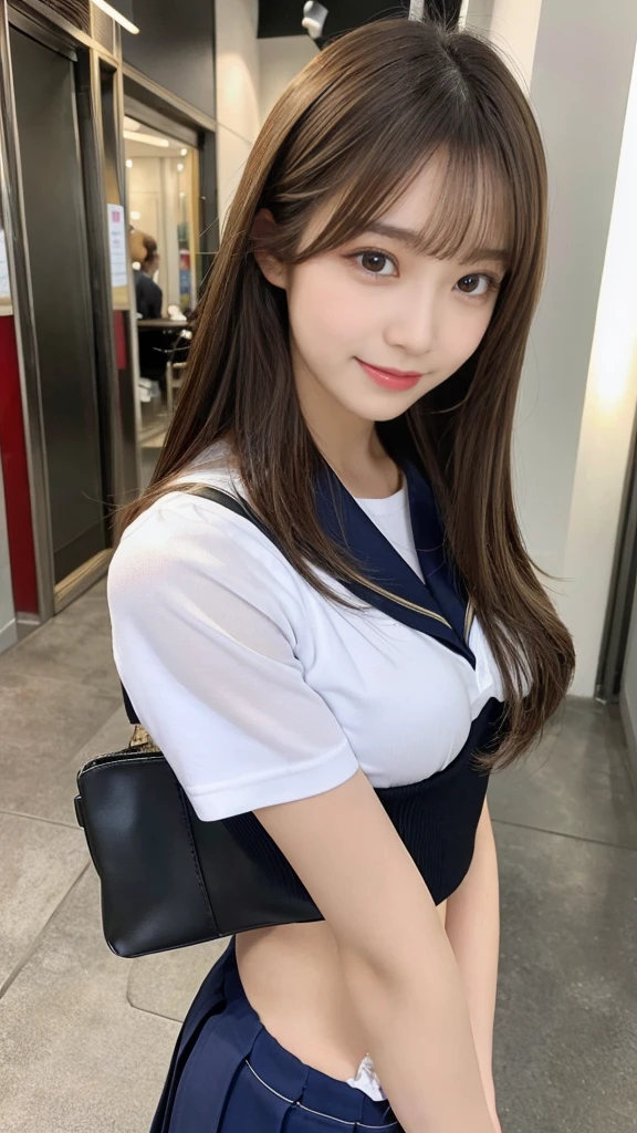 (Detailed skin:1.2),(Shiny skin:1.1),8K,Highest quality, masterpiece, Ultra-high resolution,(Realistic:1.4), RAW Photos,(Soft saturation:1.3),(Fair skin:1.2),Japanese Idols,repair,20 years, Light brown hair, （Shore Surf:1.2)、（Long Hairstyles:1.2), Asymmetrical Hair, Asymmetrical bangs (Pretty face:1.4), (Large Breasts, Tight waist), Beautiful lighting, Small Head, (Student Uniform:1.2,),Highly detailed face, Highly detailed lips, fine grain, double eyelid,（Full Body Shot）, Browsing Caution, （Sharp focus: 1.2）, （Perfect Anatomy、Beautiful woman with perfect figure: 1.2）、Random sexy poses，Accentuate your leg lines、Smiling