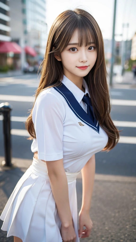 (Detailed skin:1.2),(Shiny skin:1.1),8K,Highest quality, masterpiece, Ultra-high resolution,(Realistic:1.4), RAW Photos,(Soft saturation:1.3),(Fair skin:1.2),Japanese Idols,repair,20 years, Light brown hair, （Shore Surf:1.2)、（Long Hairstyles:1.2), Asymmetrical Hair, Asymmetrical bangs (Pretty face:1.4), (Large Breasts, Tight waist), Beautiful lighting, Small Head, (Student Uniform:1.2,),Highly detailed face, Highly detailed lips, fine grain, double eyelid,（Full Body Shot）, Browsing Caution, （Sharp focus: 1.2）, （Perfect Anatomy、Beautiful woman with perfect figure: 1.2）、Random sexy poses，Accentuate your leg lines、Smiling