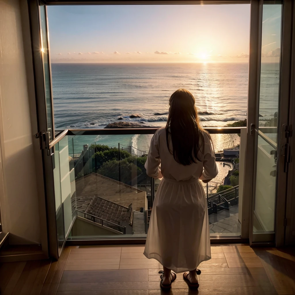 araffe woman standing in front of a window looking out at the ocean, a picture by Alexis Grimou, tumblr, fine art, looking out at a sunset, looking out over the sea, looking out at the ocean, looking off into the sunset, sunset view, beautful view, looking at sunset, gorgeous view, overlooking the ocean, looking out window