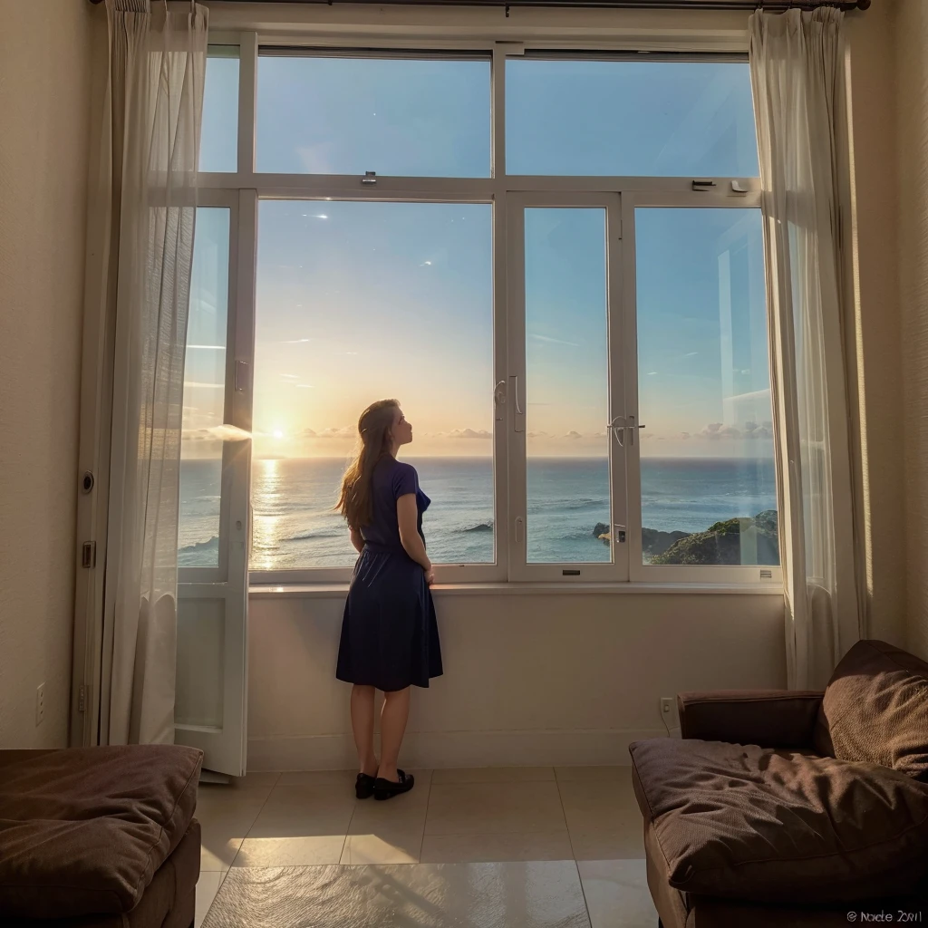  araffe woman standing in front of a window looking out at the ocean, a picture by Alexis Grimou, tumblr, fine art, looking out at a sunset, looking out over the sea, looking out at the ocean, looking off into the sunset, sunset view, beautful view, looking at sunset, gorgeous view, overlooking the ocean, looking out window