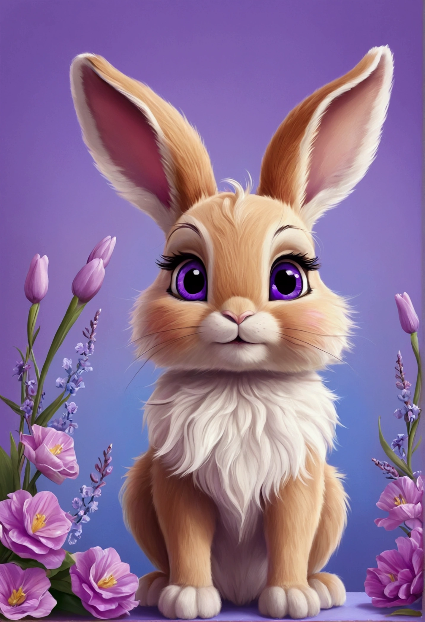 A cute, very furry 2bunny, with small ears, blue eyes, looking forward, purple background, flowers, vases, Caroline Chariot-Dayez pastels, tumblr, furry art, elokitty, Disney's Bambi, furry Disney style, floating ears, fluffy tail , fluffy '', fluffy!!!, high resolution, furry art!!! Small size, realistic sup