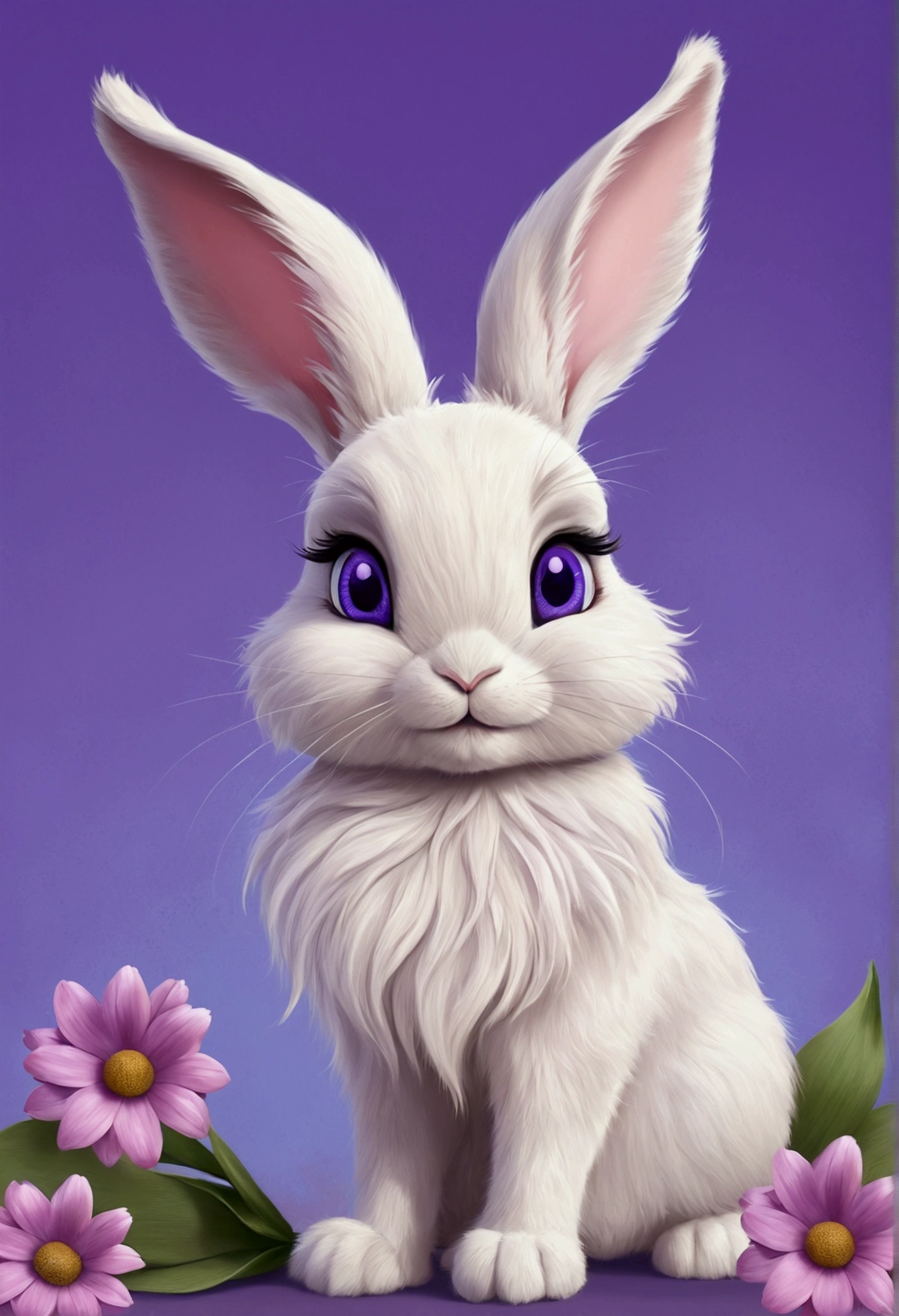 A cute, very furry 2bunny, with small ears, blue eyes, looking forward, purple background, flowers, vases, Caroline Chariot-Dayez pastels, tumblr, furry art, elokitty, Disney's Bambi, furry Disney style, floating ears, fluffy tail , fluffy '', fluffy!!!, high resolution, furry art!!! Small size, realistic sup