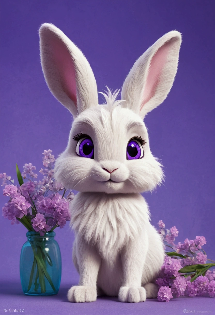 A cute, very furry 2bunny, with small ears, blue eyes, looking forward, purple background, flowers, vases, Caroline Chariot-Dayez pastels, tumblr, furry art, elokitty, Disney's Bambi, furry Disney style, floating ears, fluffy tail , fluffy '', fluffy!!!, high resolution, furry art!!! Small size, realistic sup
