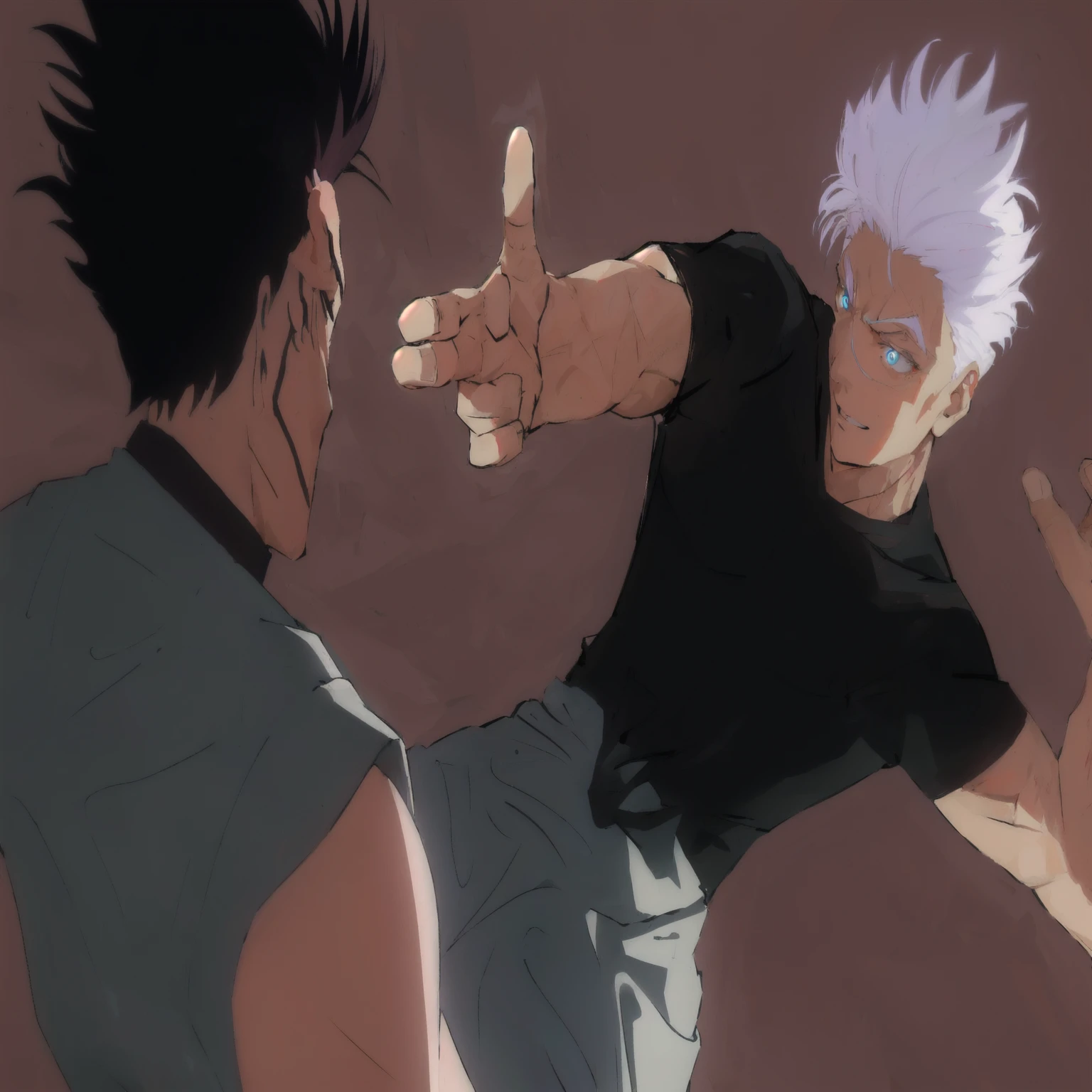 anime character with white hair and blue eyes pointing at another character, close-up fight, fight pose, baki style, heavy gesture style closeup, jujutsu kaisen anime inspired, fighting pose, anime fight, jujutsu kaisen art style, badass pose, fighting stance, high quality fanart, fistfighting, aggressive pose, pointing with 2 fingers, realistic anatomy, detailed,