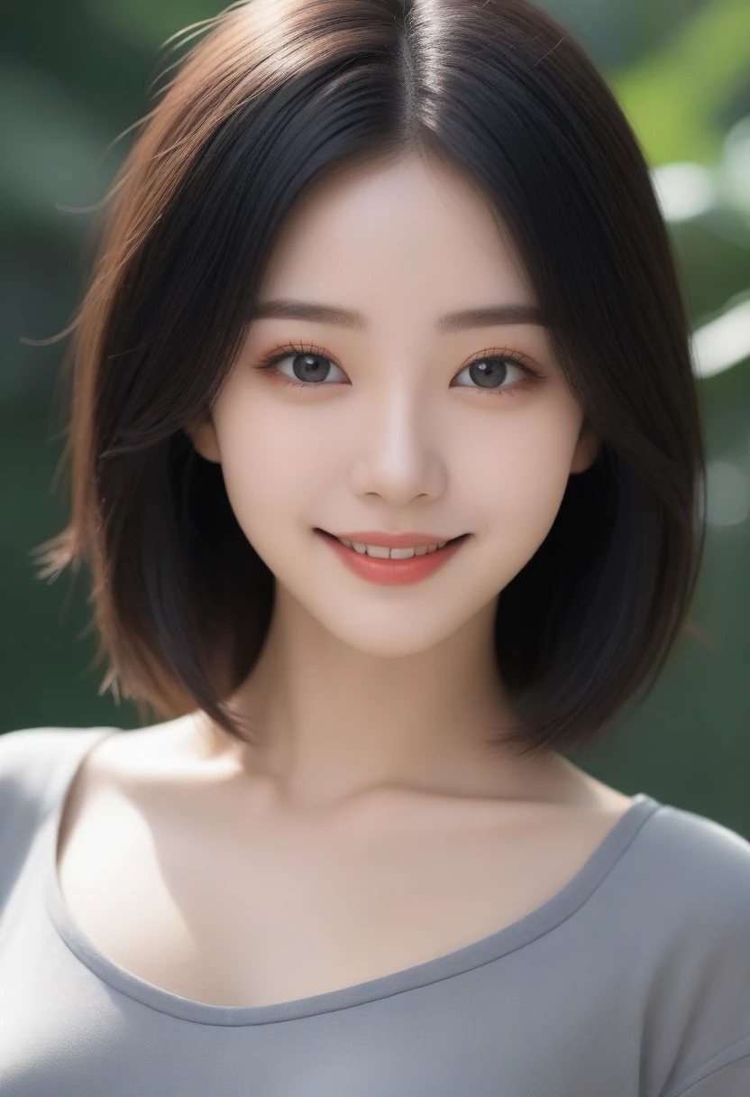 8K, Ultra-high resolution, best quality, masterpiece, Rule of thirds photo,Surrealism, photo, 1 girl, (:1.3), pretty girl, Cute face, Beautiful eyes in every detail, detailed,masterpiece,, A girl:1.2, Japanese female announcer,whole body,Teenage Girlaring only a grey short-sleeved shirt and flesh-colored thong, function, With sleepiness and a smile,,detailed face and eyes, beauty的唇部细节, Very detailed目と顔, Long eyelashes, image, Very detailed, Warm lighting, Soft Focus, Movie,function,A carefree smile,Heal the mind,Black Hair,Short Bob,Looking at the audience、beauty,Long Neck、Smile、Please close your mouth and smile、(((Ideal body shape))),A cup small breasts :2,、image:2、Perfect anatomical structure、Vividly detailed、detailed、Surrealism、Light and Shadow,glare