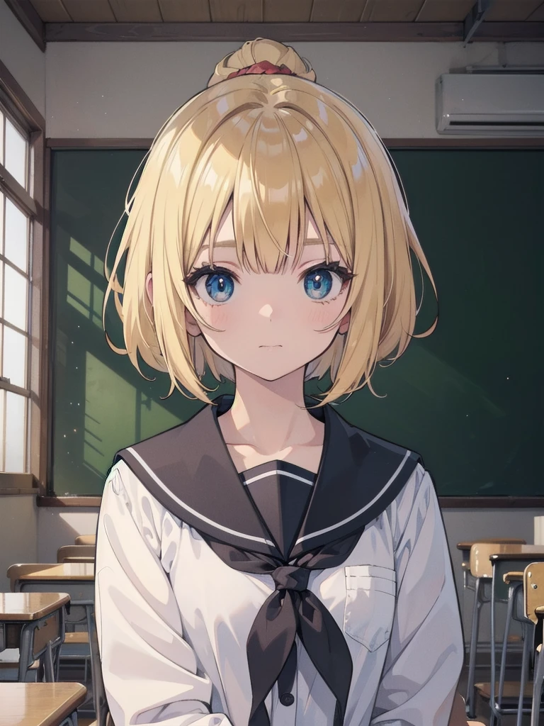 A high school girl in the style of Japanese anime illustration from 2020 with a detailed and realistic background that has depth and texture. The girl has blonde hair in a short one-length braided ponytail bob cut and wears a winter sailor uniform with a top design from the ranking. The theme is a classroom and the image is a portrait with contrast. The language in the image is Japanese and the romanization is English. The girl's eyes are realistic, complex, and detailed, and her skin texture is very fine. The girl's posing is instructed by a world-famous master and the image has a sense of dynamism. The girl's figure is a cowboy shot. The image size is 1024 x 1536 pixels. The girl is waiting for someone in the classroom.