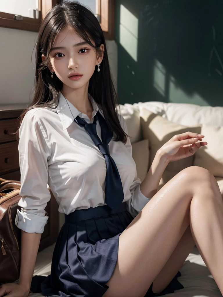 absurdres, RAW photo, extremely delicate and beautiful, masterpiece, Best Quality, ultra high resolution, 32k, hyperrealistic, ultra-detailed, perfect anatomy, super Detailed skin, perfect figure, Super Beauty, Perfect Style, Perfect balance, 20 years old, very small head, very small face, delicate facial features, detailed face, detailed eyes, tearful mole, earring, (very huge round breasts), legs, medium hair, whole body shot, wet clothes, (school_uniform), indoor,