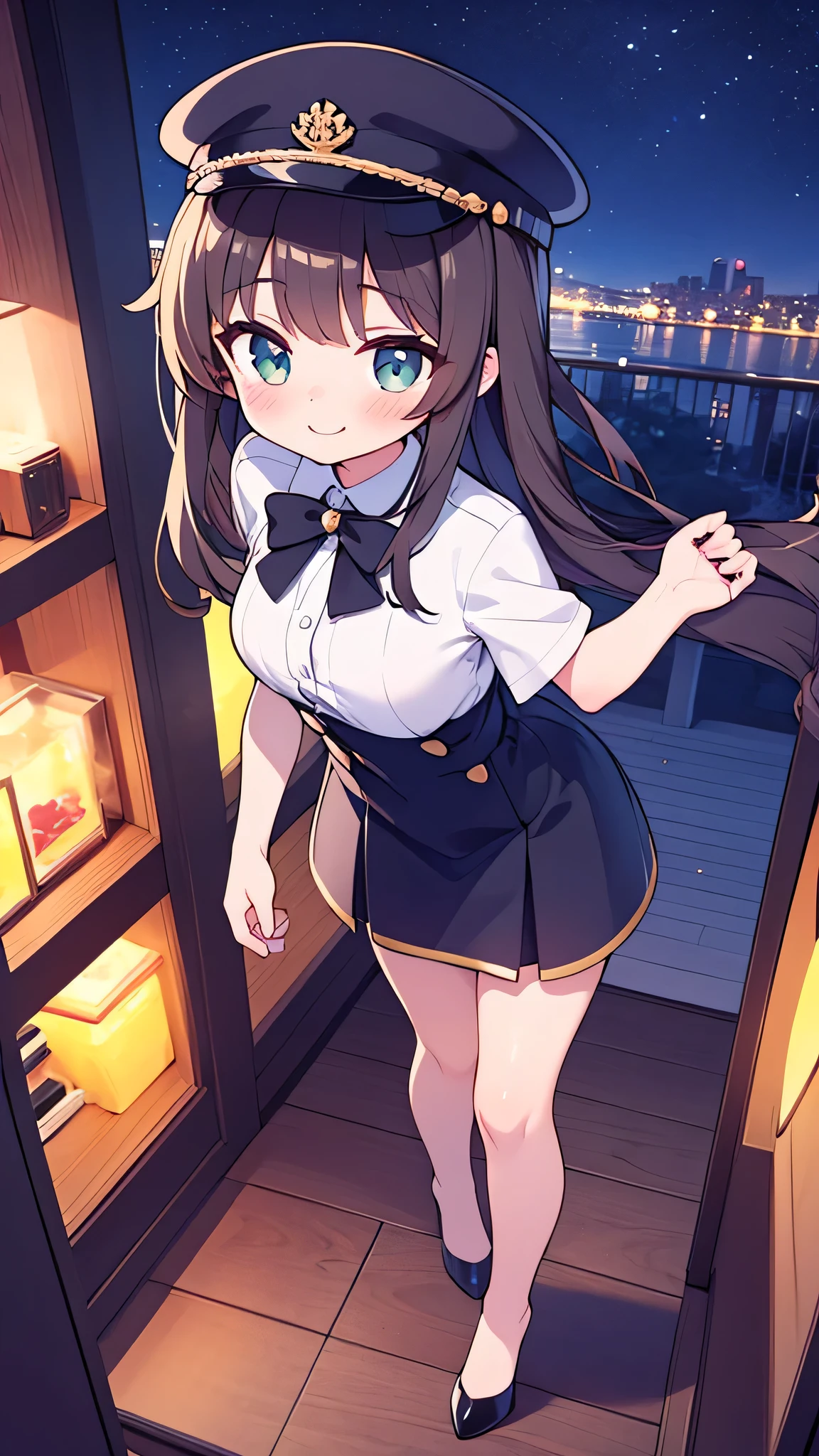 {Highest quality}, {Super beautiful},{Ultra fine},{Best illustration},Brown Hair,Hime cut,semi-long,Bangs,Standing Woman,Uniform cap,White Shirt,Short sleeve,Long black skirt,Night Park,Embarrassed,smilingly,Blushing,Slender women, A woman wearing plain black pumps,Bare feet and pumps,From an angle,From above,pose