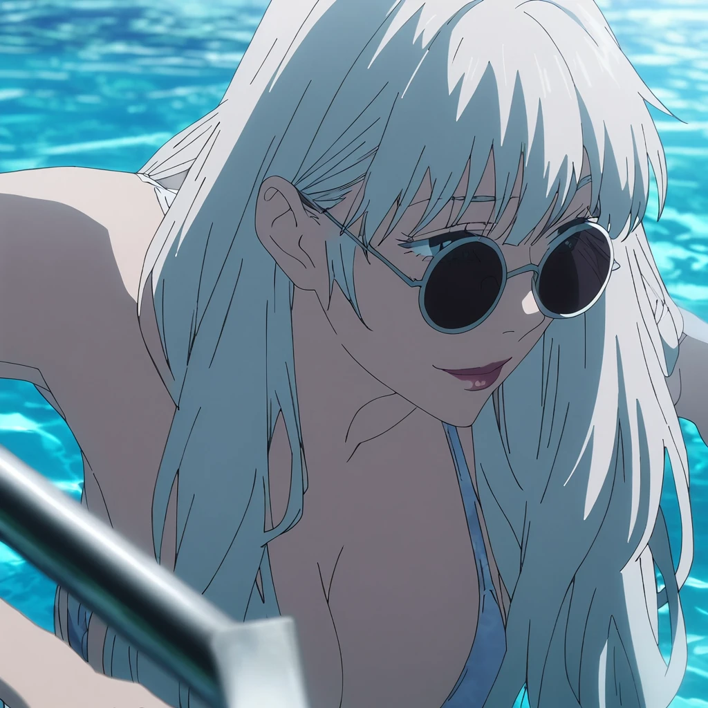 1girl, female gojo satoru, anime screencap from jujutsu kaisen, gojo satoru female version, solo, long_hair, ((wearing round sunglasses)) ((White_hair)), sunny, inside a swimming pool, (hanging breasts) upper_body, smile, lips, (long hair) ((wearing swimsuit)) breast, "very detailed and high resolution"  ((solo)) (((front view))) (earings) ((high resolution)) ((good quality)) ((silky hair)) 