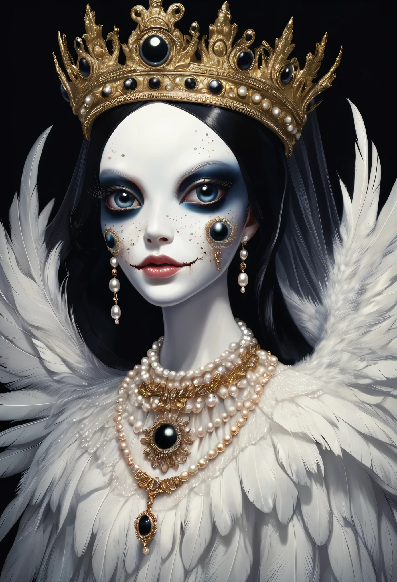 (masterpiece, best quality:1.2),Grotesque Aesthetics:1.56,Thriller, Ugly faceless person,There are many eyeballs growing on the skin of the face,teeth, Solitary,black background,crown,veil,hand,Pearl Necklace,Feather wings