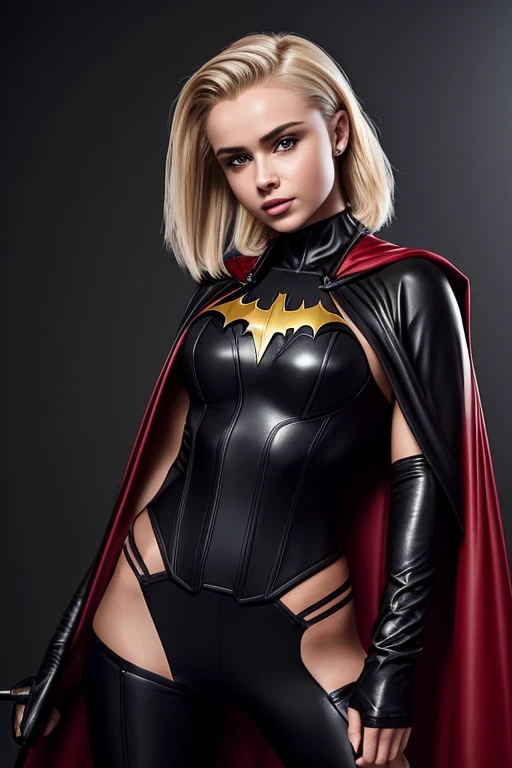 Gorgeous european woman with very short pixie hairstyle, wet hair, hair slicked back, combed straight back, slick hair, streaked blonde hair, seductive pose, sabrina carpenter, dressed in a revealing batgirl superhero costume, cape, bat ears, cleavage, solid dark grey background