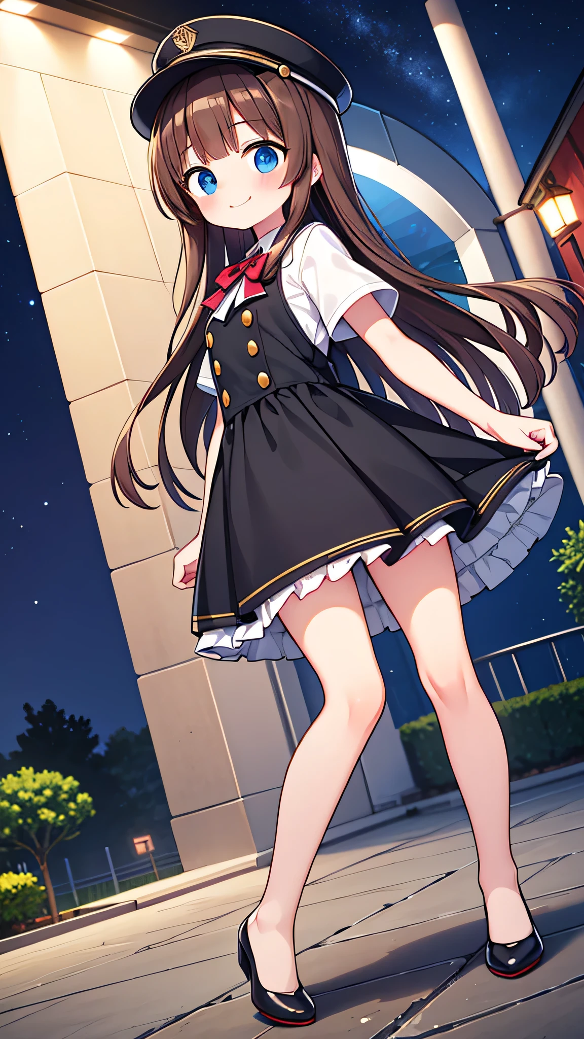 {Highest quality}, {Super beautiful},{Ultra fine},{Best illustration},Brown Hair,Hime cut,semi-long,Bangs,Standing Woman,Uniform cap,White Shirt,Short sleeve,Long black skirt,Night Park,Embarrassed,smilingly,Blushing,Slender women, A woman wearing plain black pumps,Bare feet and pumps,From an angle,From above,pose