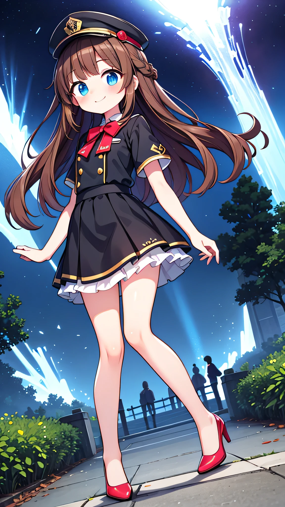 {Highest quality}, {Super beautiful},{Ultra fine},{Best illustration},Brown Hair,Hime cut,semi-long,Bangs,Standing Woman,Uniform cap,White Shirt,Short sleeve,Long black skirt,Night Park,Embarrassed,smilingly,Blushing,Slender women, A woman wearing plain black pumps,Bare feet and pumps,From an angle,From above,pose