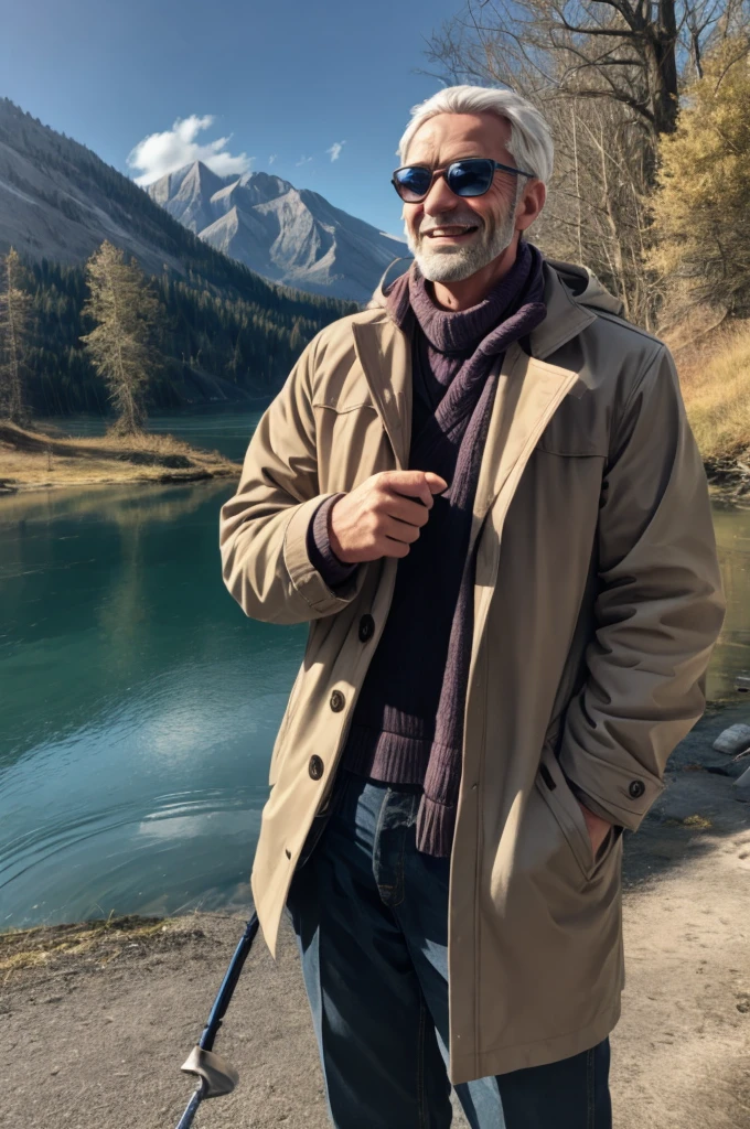 Slightly built man, in coats, fishing on the shore of the lake, he is very happy