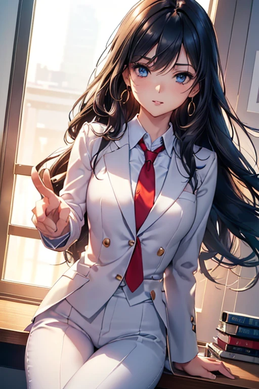 #Basics A girl is posing for a photo, animeのかわいい女の子, (((One Girl)), (()), ((Young gir((16 years old))#Clothing Accessories 
((Sky Blue Business Suit : White dress shirt + Red tie + Sky blue suit vest + Sky blue suit jacket + Gold border + Sky blue suit slacks), Black high heels), 
Gold hoop earrings, Silver Necklace, 
BREAK 

#Features 
((Black Hair)), (Curly hair), (Long Hair : Long Hair + Fuller, more voluminous hair + Inwardly curled hair + Hair blowing in the wind), 
(Very thin eyebrows:0.5), 
(Droopy eyes, blue eyes), (Small breasts), 
BREAK 

#background environment 
(noon、(Sunlit office interior, Modern Office, Office desk)), 
#Facial Expression Pose 
((smile  (A powerful and confident pose, sitting at a desk with chest outstretched)), 
#composition 
((Face the camera, Angle from the front, Cowboy Shot:1.4)),  
BREAK 

#Body parts elements 
(Detailed hair, Beautiful Hair, Shiny Hair), 
(double eyelid, Long eyelashes), 
(Expression of fine eyes, Beautiful and delicate eyes, Sparkling eyes, Eye Reflexes, Glitter Eyeliner), 
(Human Ear), 
(Beautiful Nose, Thin Nose), 
(Glossy lips, Beautiful Lips, Thick lips, Glossy Lips, Natural Cheeks), 
(Detailed face, Symmetrical facial features), 
(Detailed skin, Textured skin, Beautiful Skin, Shiny skin), 
BREAK 

#Quality 
(((Highest quality)), ((masterpiece)), ((Very detailed))), ((High resolution), (16K,1080P)), 
(Realistic), (Anatomically correct), 
((comics, anime)), (3DCG), CG illustration,
