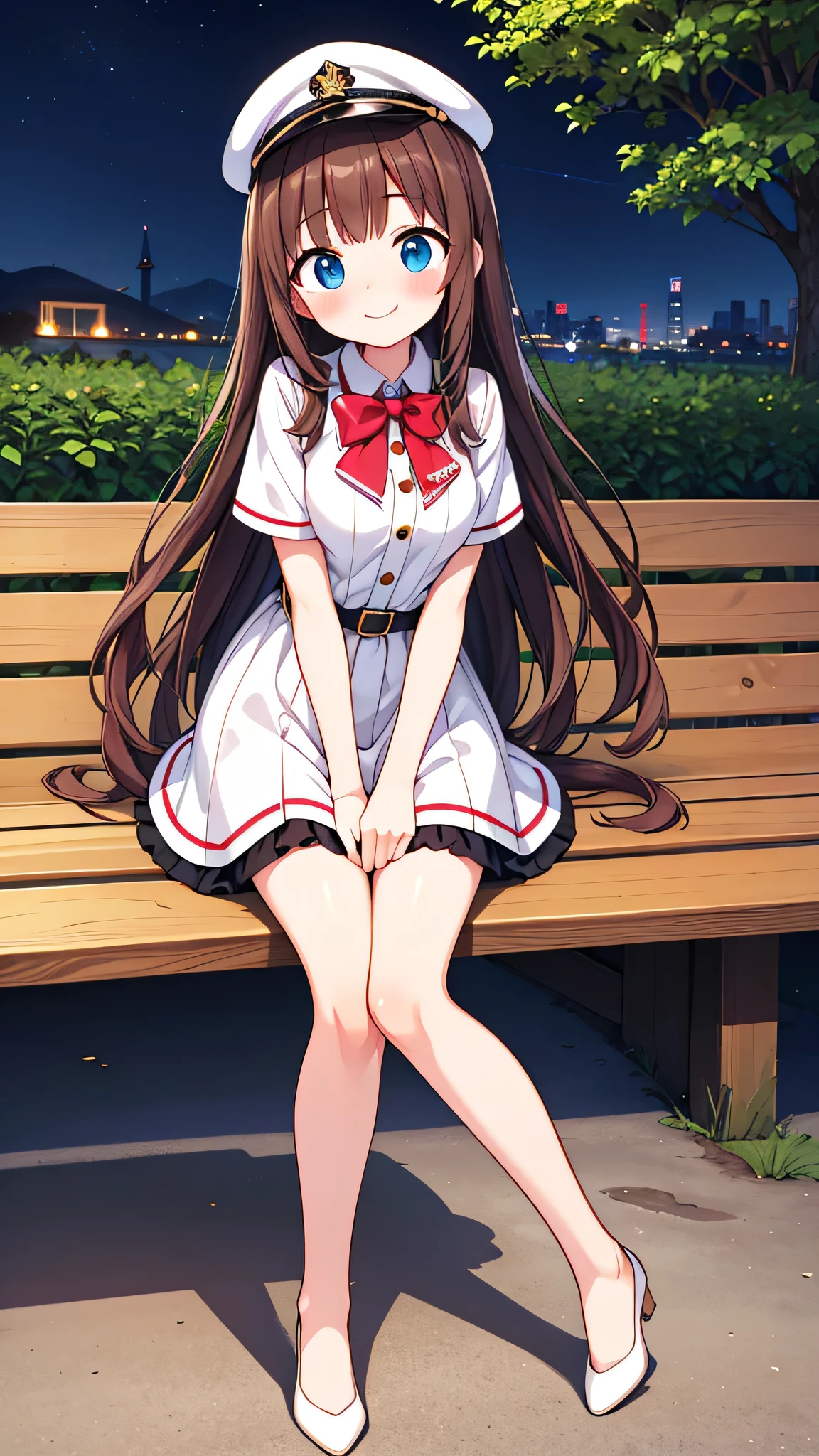 {Highest quality}, {Super beautiful},{Ultra fine},{Best illustration},Brown Hair,Hime cut,semi-long,Bangs,Standing Woman,Uniform cap,White Shirt,Short sleeve,Long black skirt,Night Park,Embarrassed,smilingly,Blushing,Slender women, A woman wearing plain black pumps,Bare feet and pumps,From an angle,From above,pose