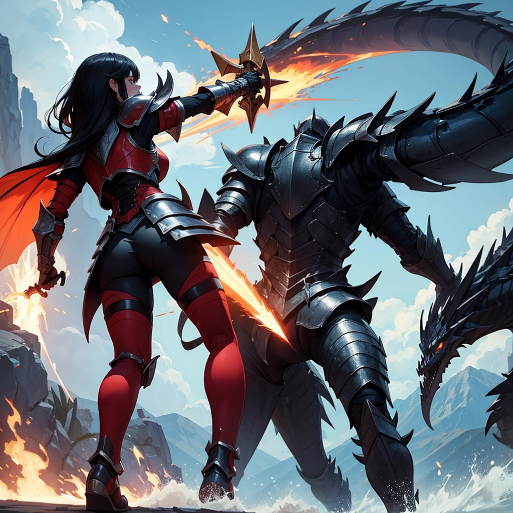 Seen from a distance, a beautiful girl with full armor and sword and shield, fighting a monstrous dragon, fire breath, the girl looks tiny in the picture, high octane fight, from behind