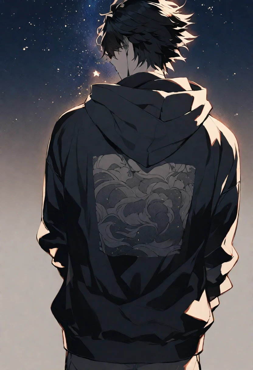 Solo,handsome, monotone,
1. male,
bangs,Bob Hair, mash hair ,the back of one's neck,
black hair,
Gojo Satoru ,
red Eyes,Soft look,
beautiful,sexly,Darkness,gold necklace,
oversize black hoodie ,smile,
simple background ,
star sky background,