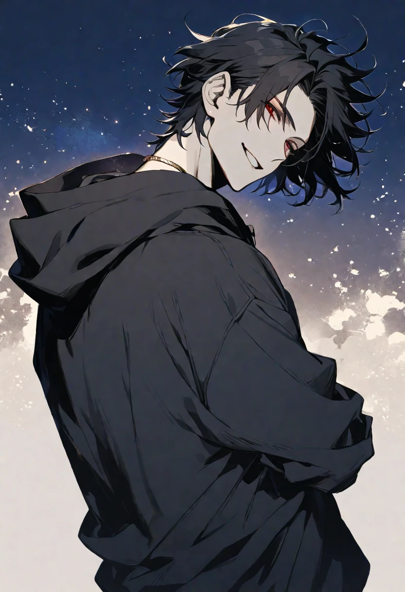 Solo,handsome, monotone,
1. male,
bangs,Bob Hair, mash hair ,the back of one's neck,
black hair,
Gojo Satoru ,
red Eyes,Soft look,
beautiful,sexly,Darkness,gold necklace,
oversize black hoodie ,smile,
simple background ,
star sky background,