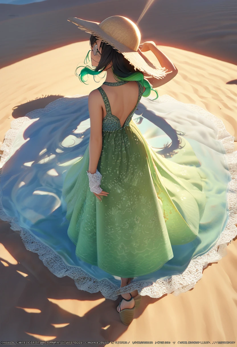 (masterpiece, cute_cartoon_style, official art, octane-render):1.21, magnificent view, whole surface lake, (sand dunes:1.2), [sand ripples], fantastic, gentle breeze, Dazzling Atmosphere, 1 girl, standing on center of sand dunes, side view, (detailed green eyes, round glasses, jet-black long hair,colored inner green ombre hair multicolored hair,antenna hair):1.21, (flinching hair), busty, nape, diffused natural skin glow, (perfect hands, white lace glove), (playful, smile), (detailed straw hat:1.21), (voile ethnic combination print panel dress, center indigo and side white cotton voile dress, sleeveless,bare_shoulders, Shepherd's purse pattern):1.21, wedge sandals,  (Subjective Perspective, light-shadow symmetry, natural light, light rays, dappled light, reflection, shadows, ray tracing, dramatic shadows),