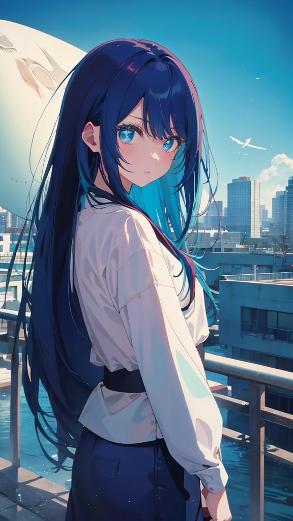 Blue-haired long hair，Design clothing，Seven-doppelganger shot，Anime style 4K，Anime girl with teal hair，High quality anime art style，Standing painting，Splash ink background，Blue Themes、Pure white background,Buildings,Face close-up,Buildings,Moon and sun、Long legs, whale flying in the sky,giant whale,輝く星々,天の川,輝く空