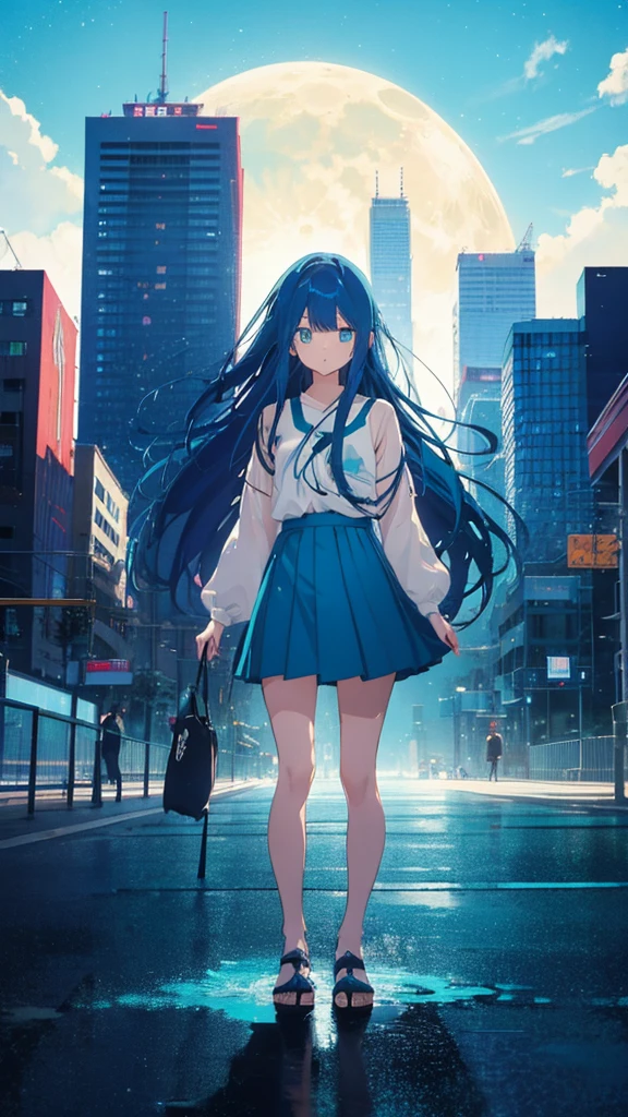 Blue-haired long hair,Design clothing,Seven-doppelganger shot,Anime style 4K,Anime girl with teal hair,High quality anime art style,Standing painting,Splash ink background,Blue Themes、Pure white background,Buildings,Face close-up,Buildings,Moon and sun、Long legs, whale flying in the sky,giant whale,輝く星々,天の川,輝く空