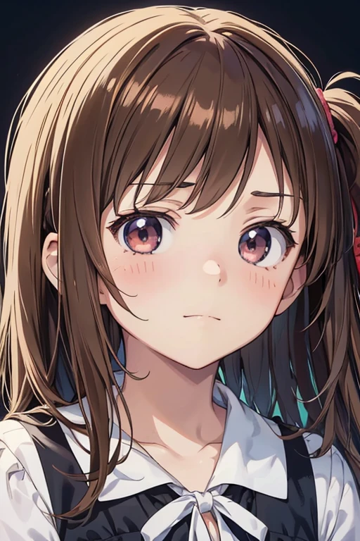 Simple Background,(anime:1.3),Detailed face,Detailed explanation,1girl,close up face,Brown hair,Two Side Up,(faint smile:1.3),Detailed hair,(Sidelong and Upward glance:1.2),(****)