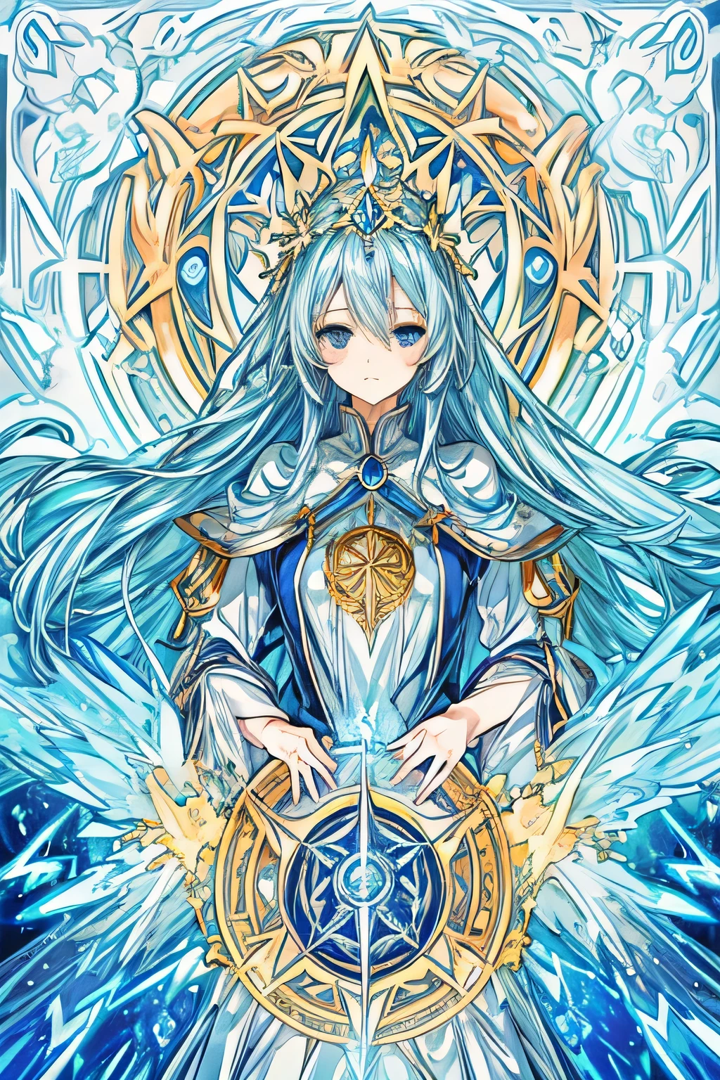 1girl, (adult), (masterpiece, best quality), expressive blue eyes, beautiful detailed face, long flowing blue hair, blue arcane magic circle, ancient grimoire, ornate magician dress, glowing magical energy, (anime style), (golden wreath crown)