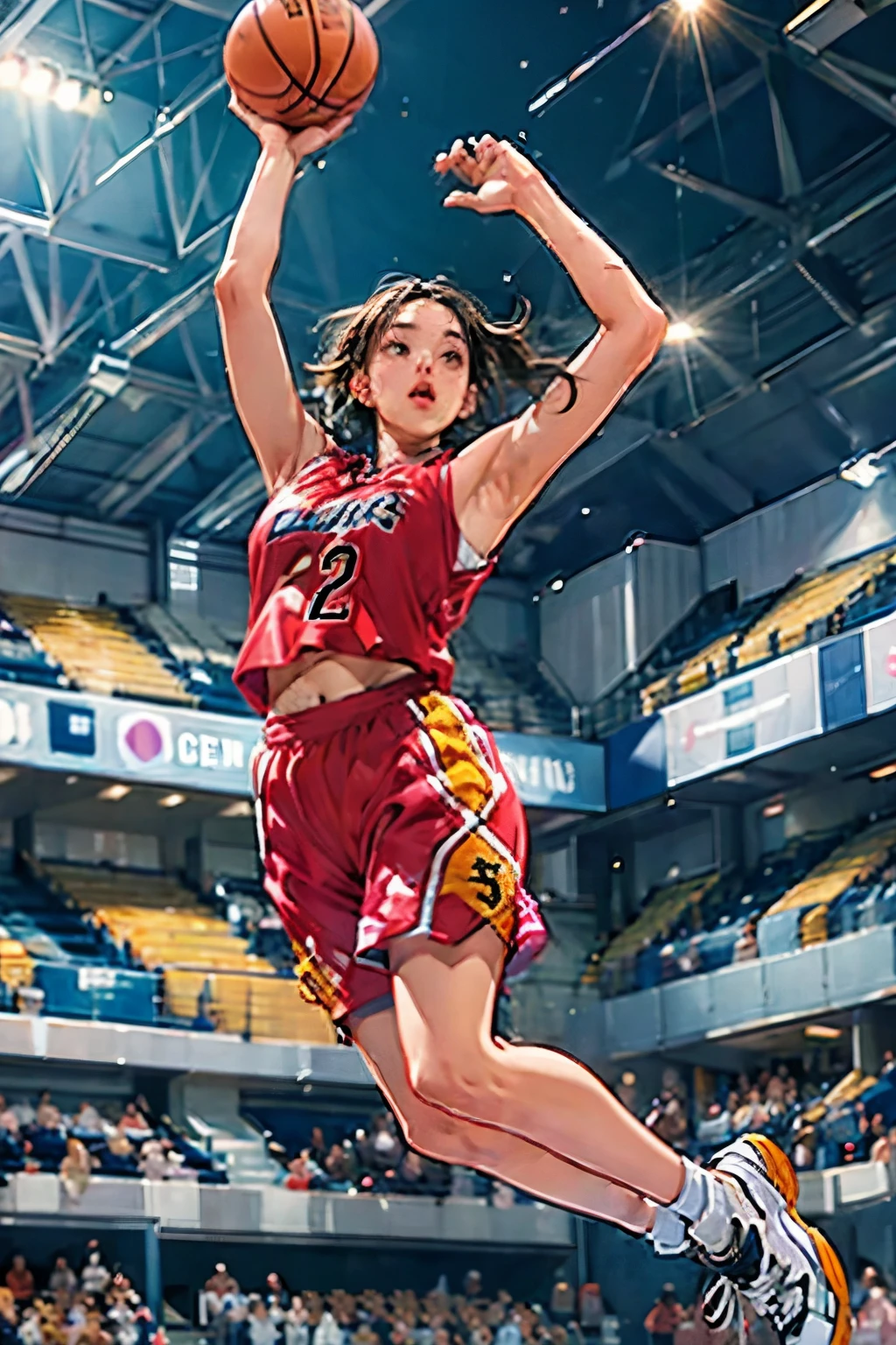 ((Female Basketball Player))、Young and beautiful girl、美しい顔のdetailedな描写、alone、(scence of slam dunk:1.4)、(Dunk Shot:1.4)、(Jumping Chute:1.4)、(Goal Post)、Close-up、Motion Blur、Dynamic Angle、stadium lighting、Blur the background、8Kdetailed、(detailed、masterpiece、Highest quality)、