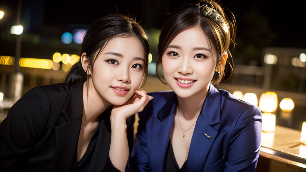 a gorgeous lady, age 22, Formal Skirt Suit with Blouse, posing naturally under night sky, dimpled smile, short ponytail, cute snaggleteeth, ample round bosom, photorealistic, beautiful detailed eyes, hyper-realism, high contrast, ultra HD, realistic skin textures, top image quality, top-quality, super high resolution, fine details, very meticulously, bokeh background