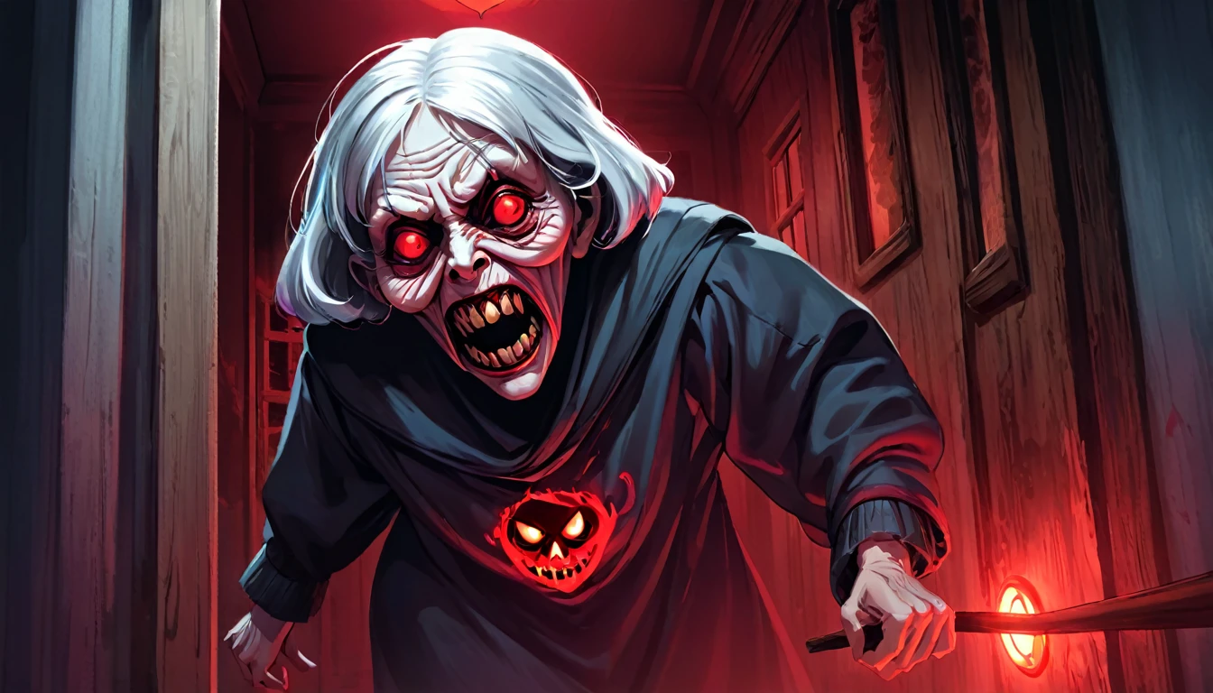 a guy trying to escape from and evil creepy granny she wear a evil mask with red lighting eyes , the house look creepy, she trying to catch a victim , he is scared