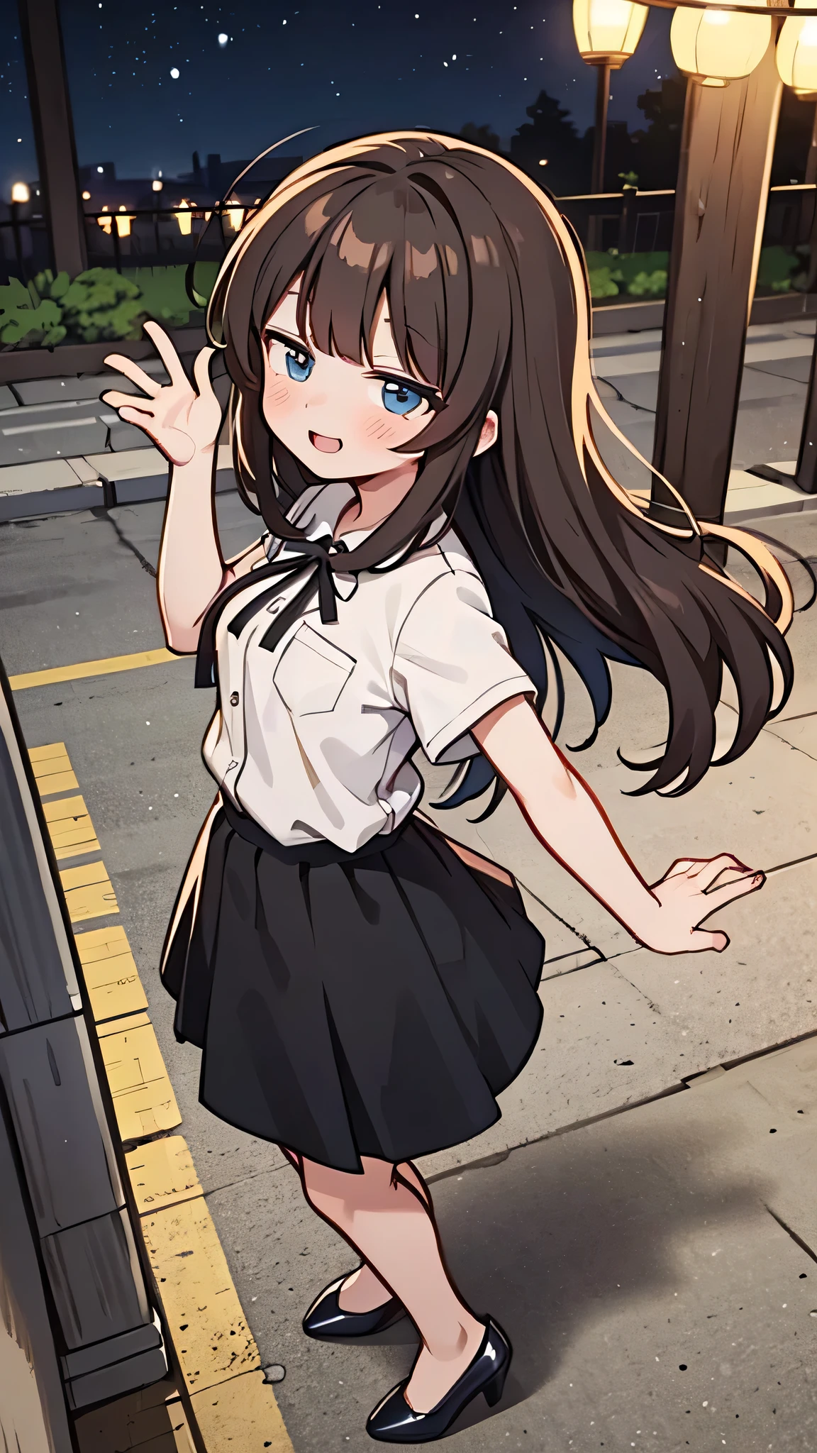 {Highest quality}, {Super beautiful},{Ultra fine},{Best illustration},Brown Hair,Hime cut,semi-long,Bangs,Standing Woman,Uniform cap,White Shirt,Short sleeve,Long black skirt,Night Park,Embarrassed,smilingly,Blushing,Slender women, A woman wearing plain black pumps,Bare feet and pumps,From an angle,From above,pose