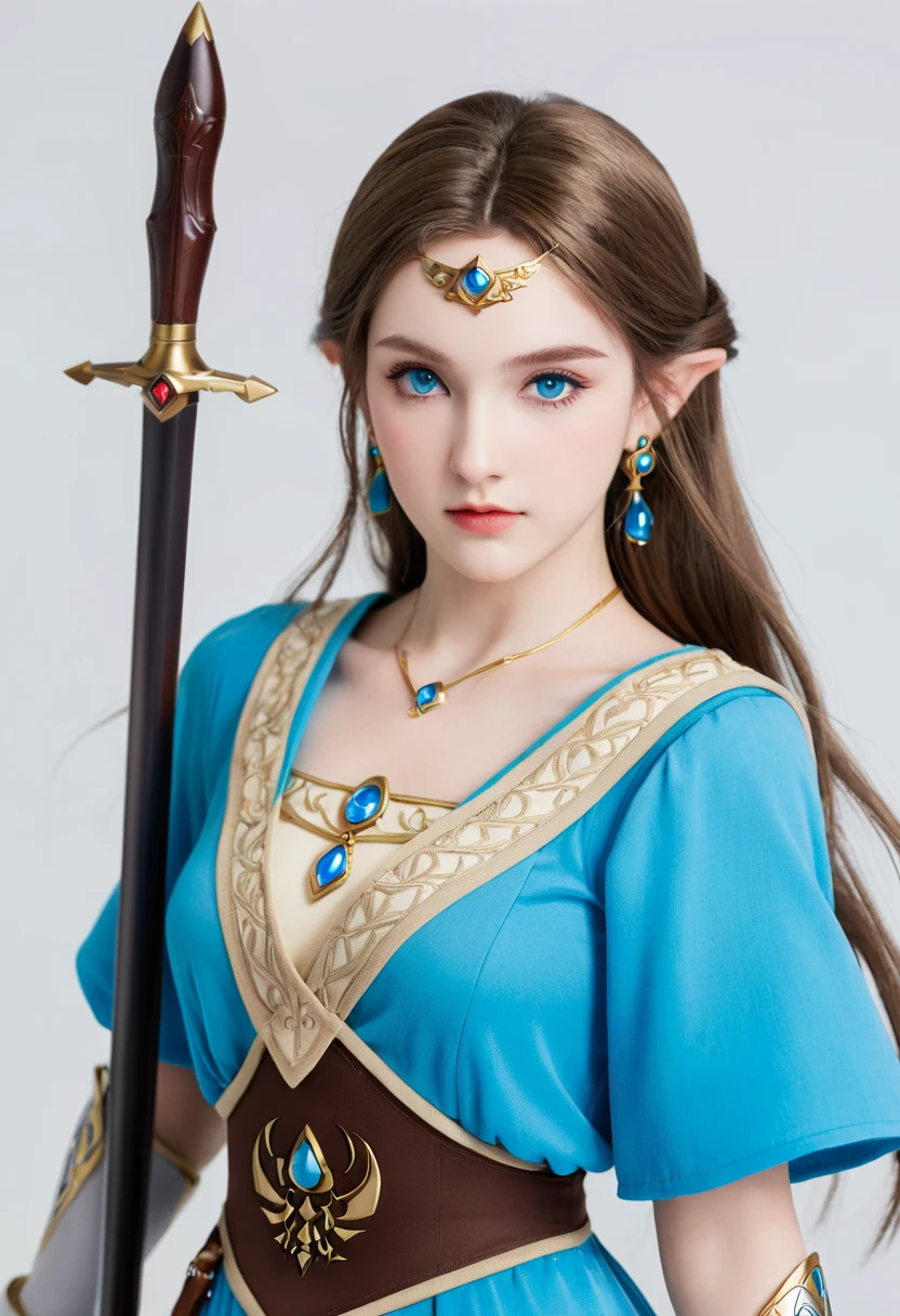 Full body photo of Princess Zelda, Brown hair, blue eyes, Dress up《Assassin&#39;s Creed》The Assassin, White+gold，配White面具和gold细节的头巾, XL Bust, Use wrist blade. background: Renaissance City. Unreal Engine 5, Japanese cartoons, Japanese cartoons style, masterpiece, Well drawn eyes, Very well drawn face, Delicate eyes, The face is rich in detail, 8K, Light and shadow effects.  