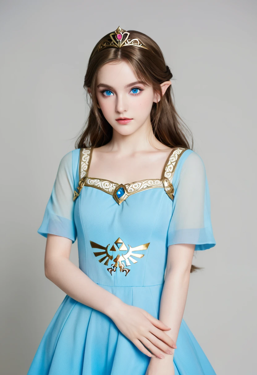 Full body photo of Princess Zelda, Brown hair, blue eyes, Dress up《Assassin&#39;s Creed》The Assassin, White+gold，配White面具和gold细节的头巾, XL Bust, Use wrist blade. background: Renaissance City. Unreal Engine 5, Japanese cartoons, Japanese cartoons style, masterpiece, Well drawn eyes, Very well drawn face, Delicate eyes, The face is rich in detail, 8K, Light and shadow effects.  