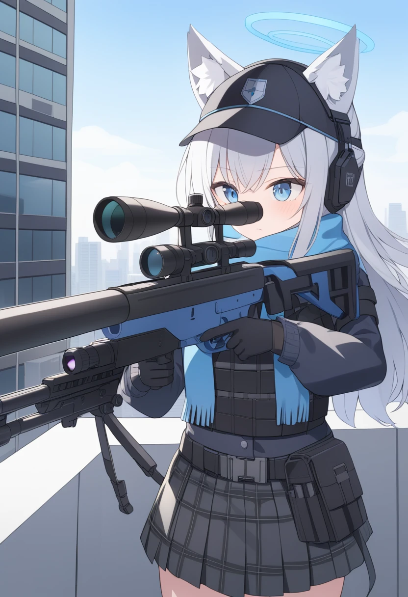 girl,Silver long hair, blue eyes, Wear body armor,Wearing a black mask,A sky blue scarf, Black gloves, And black plaid skirt, On the rooftop of a high-rise building,blue halo,Black Hat,Gray wolf ears,Holding a Sniper rifle and aiming,With tactical headsets