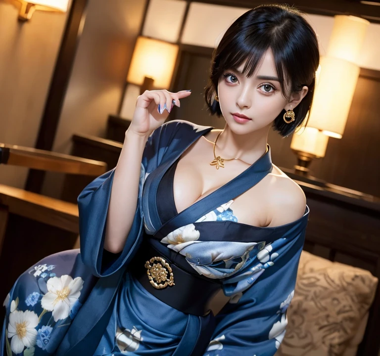 ((A beautiful woman with big eyes)), (Black Bob), (Blue kimono:1.3), Perfect beautiful figure, Beautiful clavicle, Gold earrings, Gold Necklace