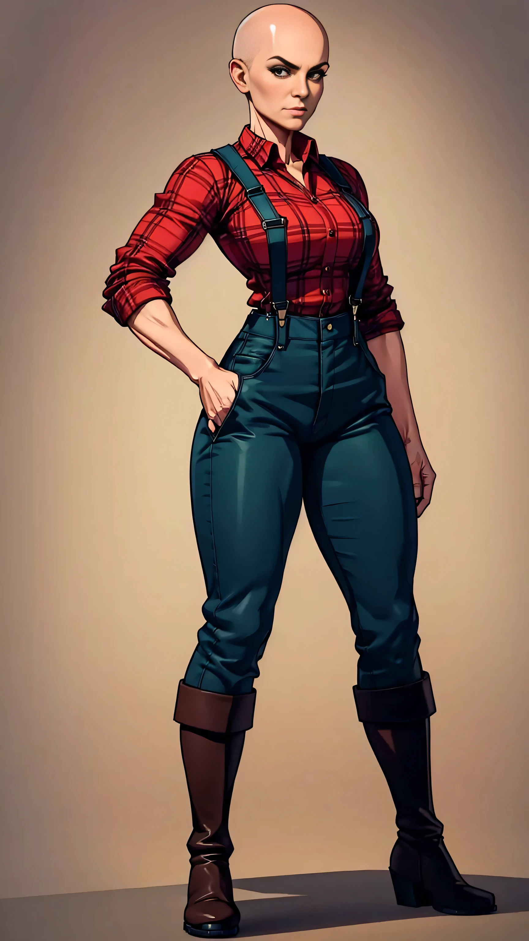 digital art, highly detailed, reference sheet, standing pose, feminine features, mature woman, adult female, muscular figure, whole body, bald, form-fitting, lumberjack outfit, red flannel shirt, folded sleeves, suspenders, long pants, boots, 1woman, solo, upper body, lower body, ((Extremely Detailed)), ((Best Quality)), ((Masterpiece)), ((4k)).
