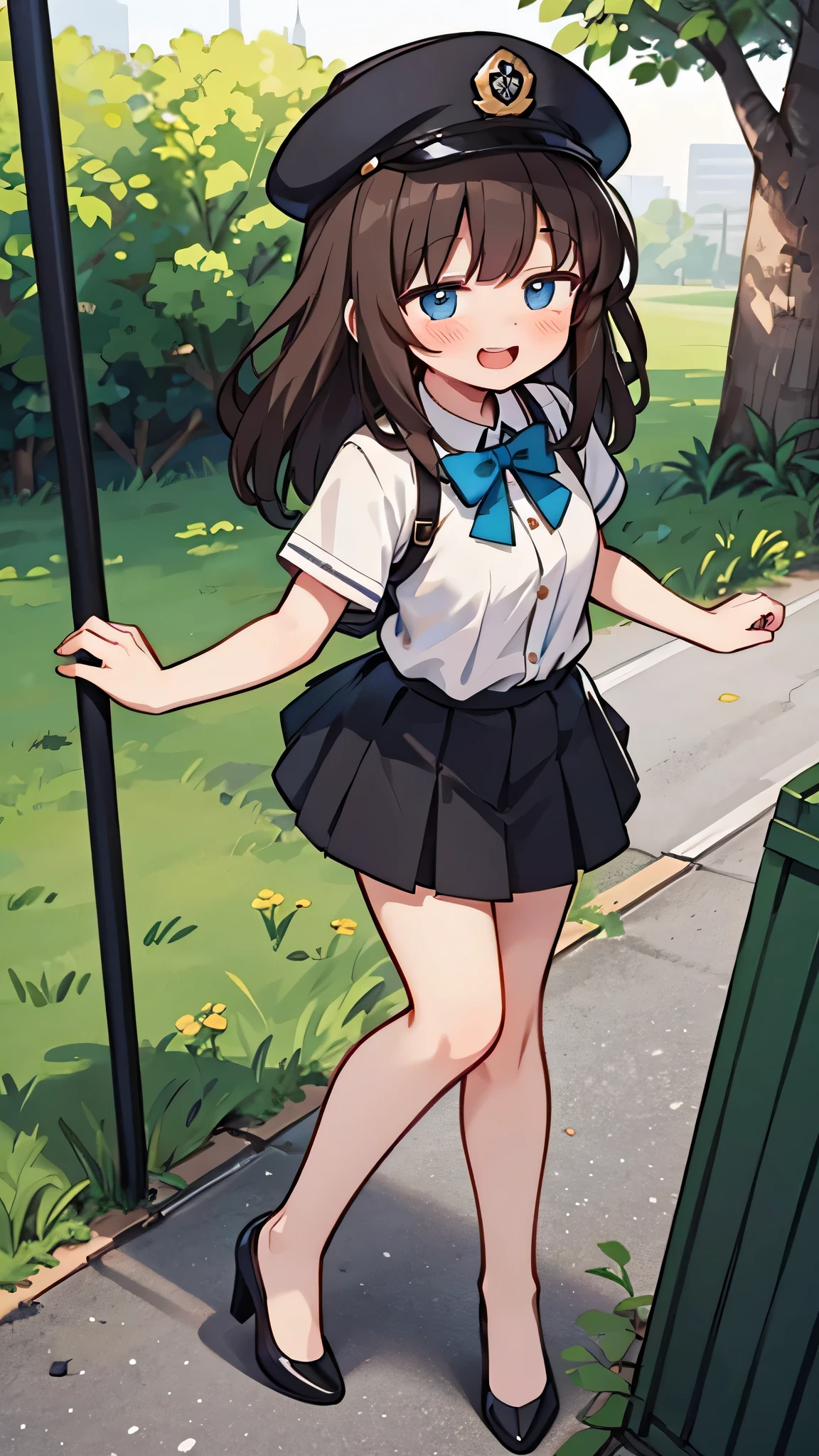 {Highest quality}, {Super beautiful},{Ultra fine},{Best illustration},Brown Hair,Hime cut,semi-long,Bangs,Standing Woman,Uniform cap,White Shirt,Short sleeve,Long black skirt,Night Park,Embarrassed,smilingly,Blushing,Slender women, A woman wearing plain black pumps,Bare feet and pumps,From an angle,From above,pose