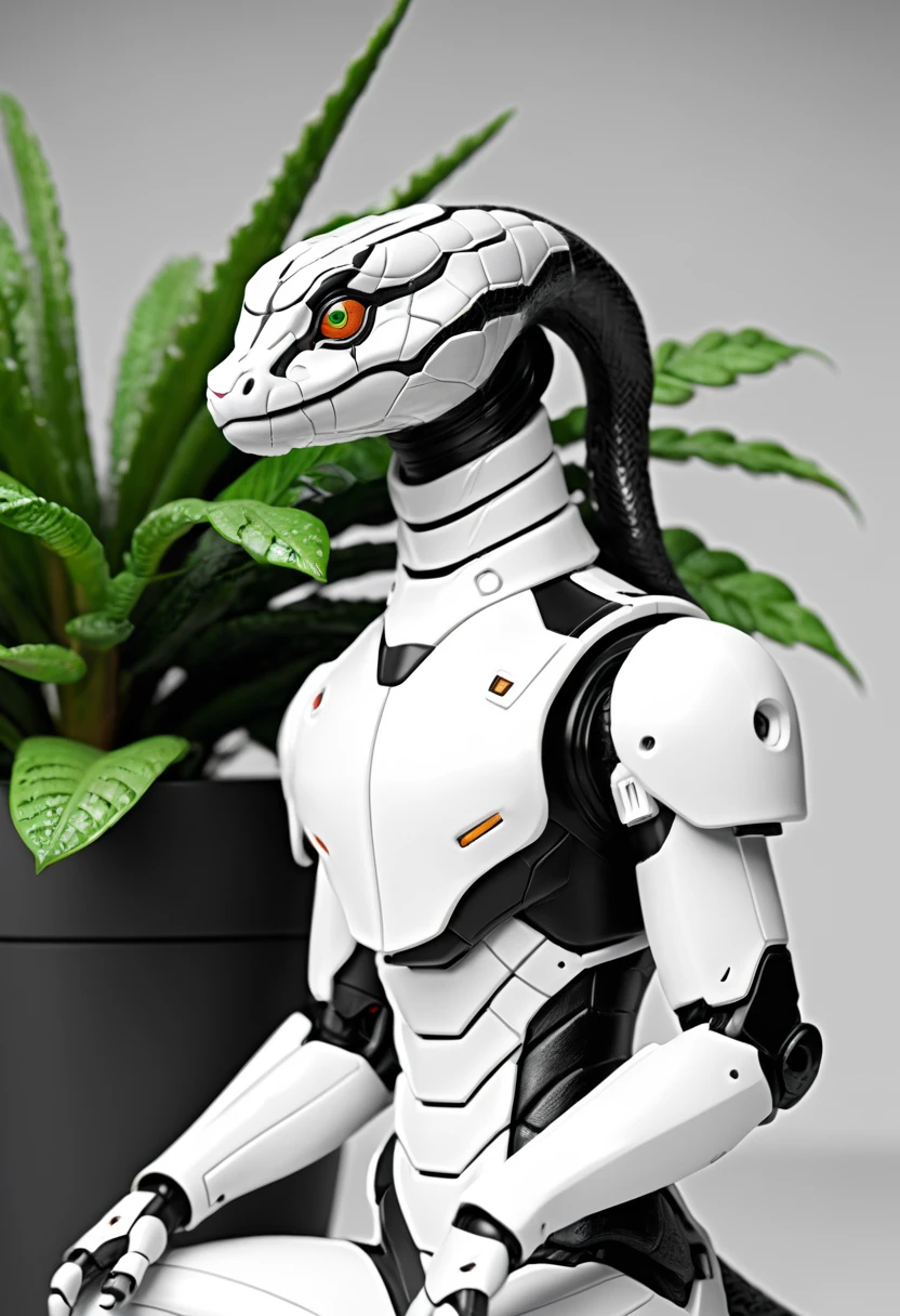 Viper Mecha, whole body, Solitary, Cyberpunk, Exquisite snake head, Popmart blind box, Clay texture, Set foot on Earth, Black and white background, Potted plants, Round base, Natural Lighting, best quality, Ultra Detailed, 3D Art, C4D, OC Renderer, 3d rendering, 8K