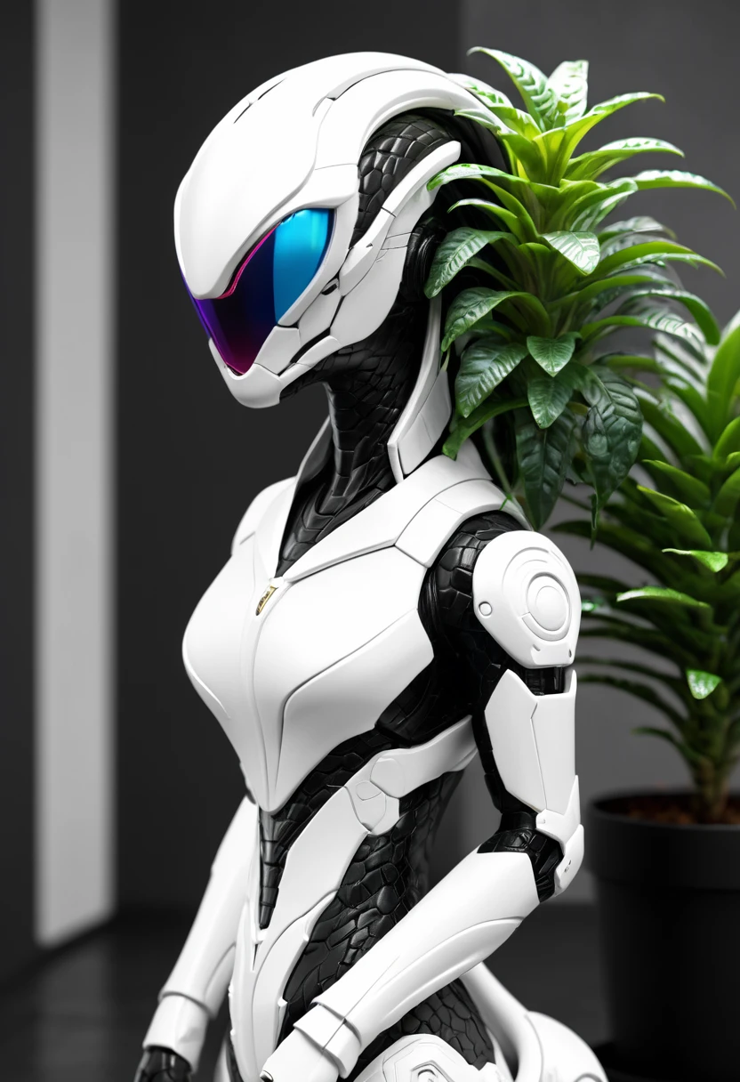 Viper Mecha, whole body, Solitary, Cyberpunk, Exquisite snake head, Popmart blind box, Clay texture, Set foot on Earth, Black and white background, Potted plants, Round base, Natural Lighting, best quality, Ultra Detailed, 3D Art, C4D, OC Renderer, 3d rendering, 8K