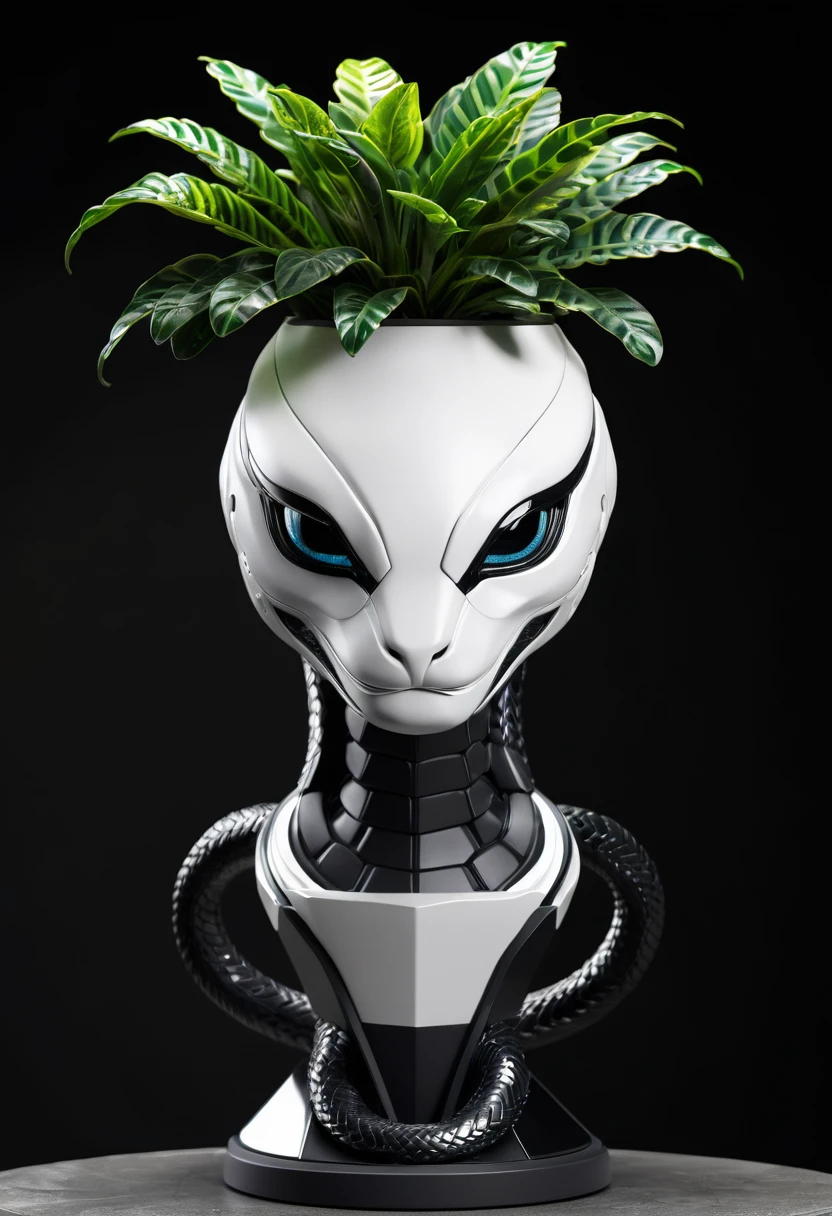 Viper Mecha, whole body, Solitary, Cyberpunk, Exquisite snake head, Popmart blind box, Clay texture, Set foot on Earth, Black and white background, Potted plants, Round base, Natural Lighting, best quality, Ultra Detailed, 3D Art, C4D, OC Renderer, 3d rendering, 8K