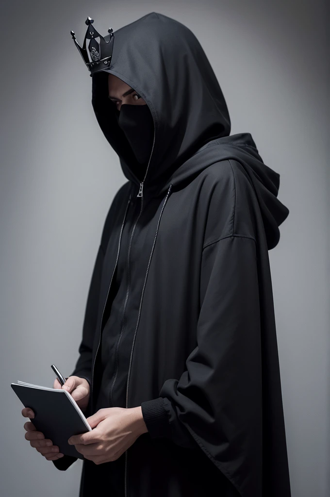 logo, tenebrosa, A serious man, wearing hood, hidden in the shadow, smart, with a crown on his head and notebook in hands