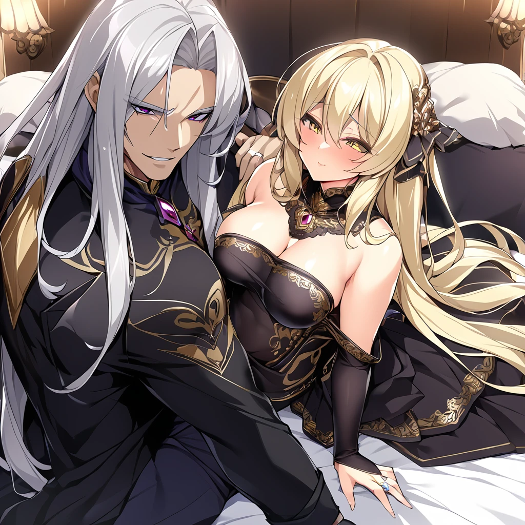 ((Highest quality)), ((masterpiece)), (detailed), (Perfect Face)、The woman has dark complexion, medium-long silver hair, is wearing a luxurious black costume with gold embroidery and trim, and has an engagement ring.、The man is the evil leader, Naioro, a handsome man with medium-long blonde hair.、On a luxurious bed, the silver-haired woman, Extia, is lying naked on top of the handsome man, Naioro, with his long blonde hair, and they are happily having sex in the cowgirl position, making love to each other deeply.、A man and a woman are a deeply loving couple